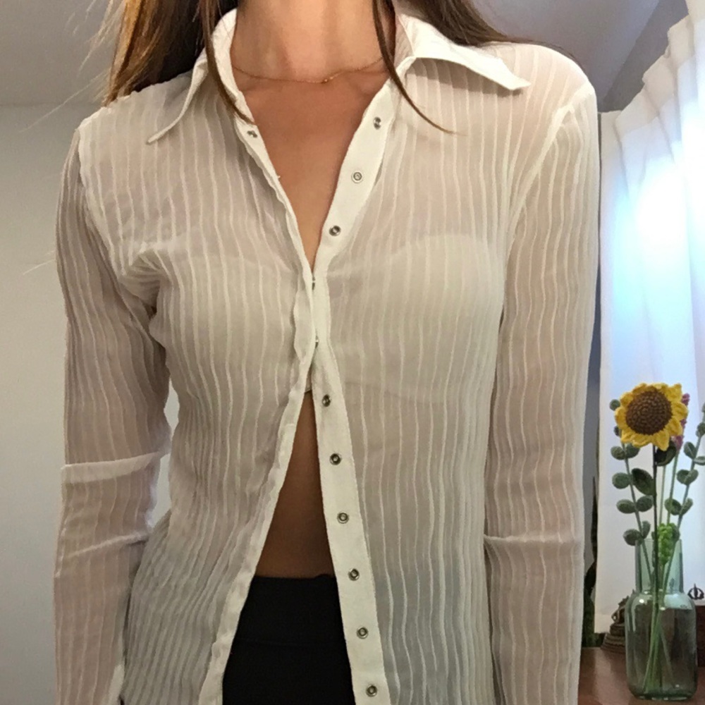 White sheer button up shirt